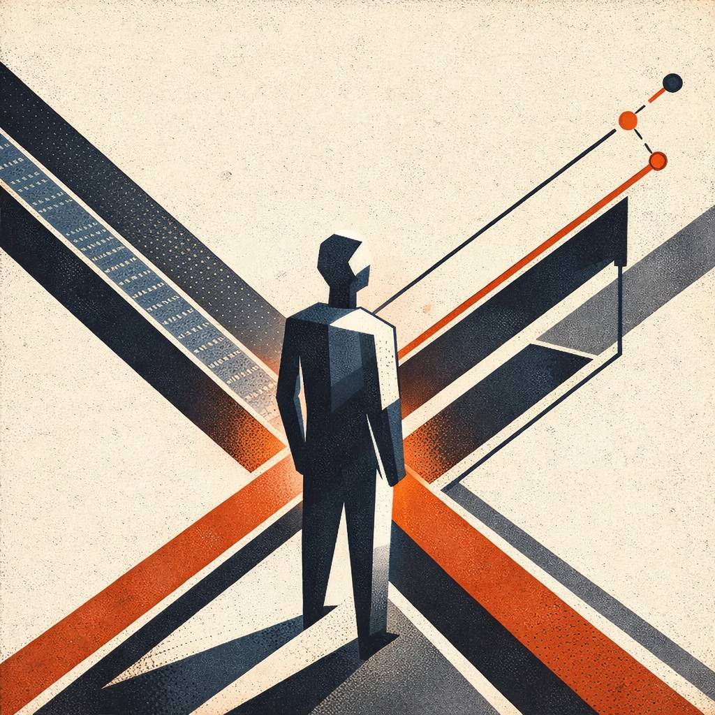 Abstract geometric illustration of a stylized human figure at the intersection of three diagonal paths, suggesting choice, direction, and alignment in work.