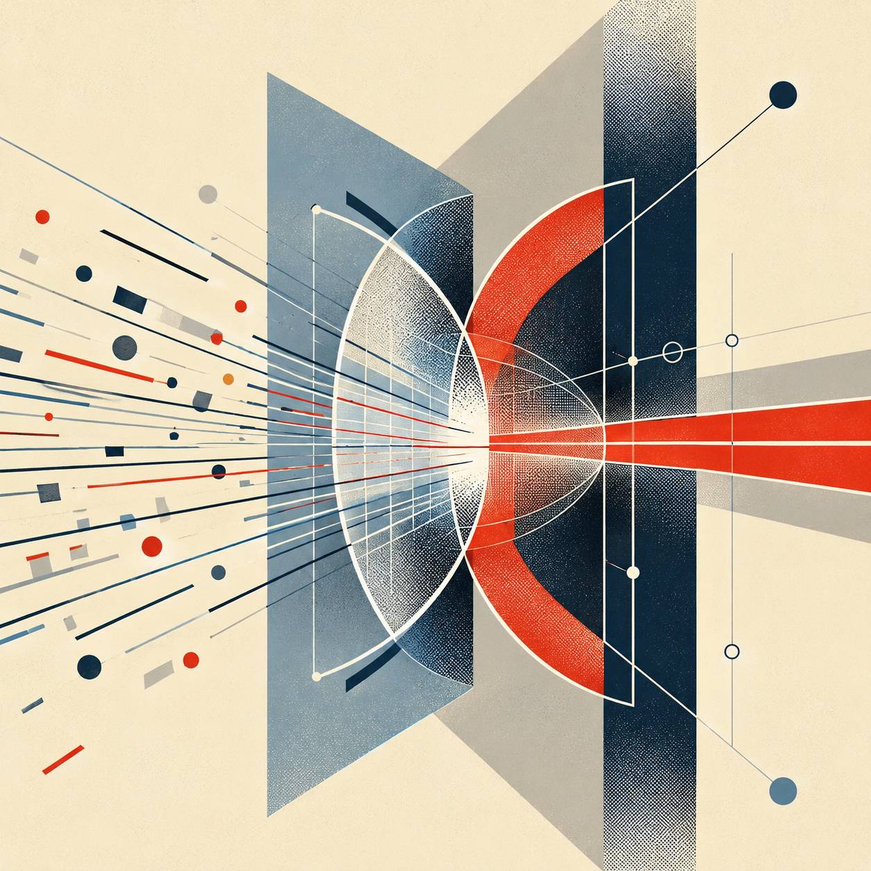Abstract geometric illustration of scattered lines passing through two overlapping lens-like forms and becoming a focused red path, representing complementary skills creating clarity and momentum.