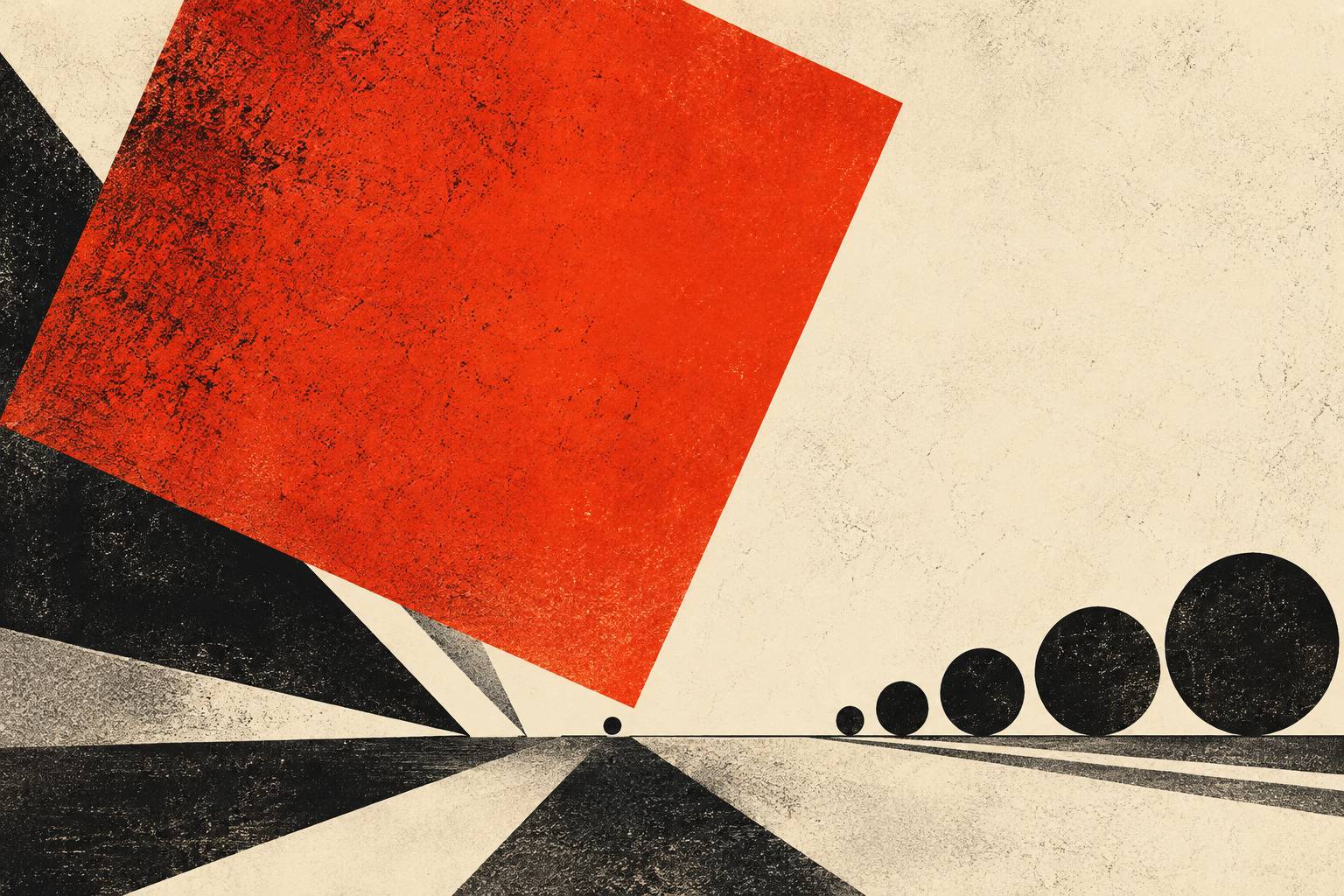 Constructivist illustration of an oversized vermillion square hovering over a tiny black dot beside a row of graduated black circles, representing developers defaulting to the most expensive AI model for every task.