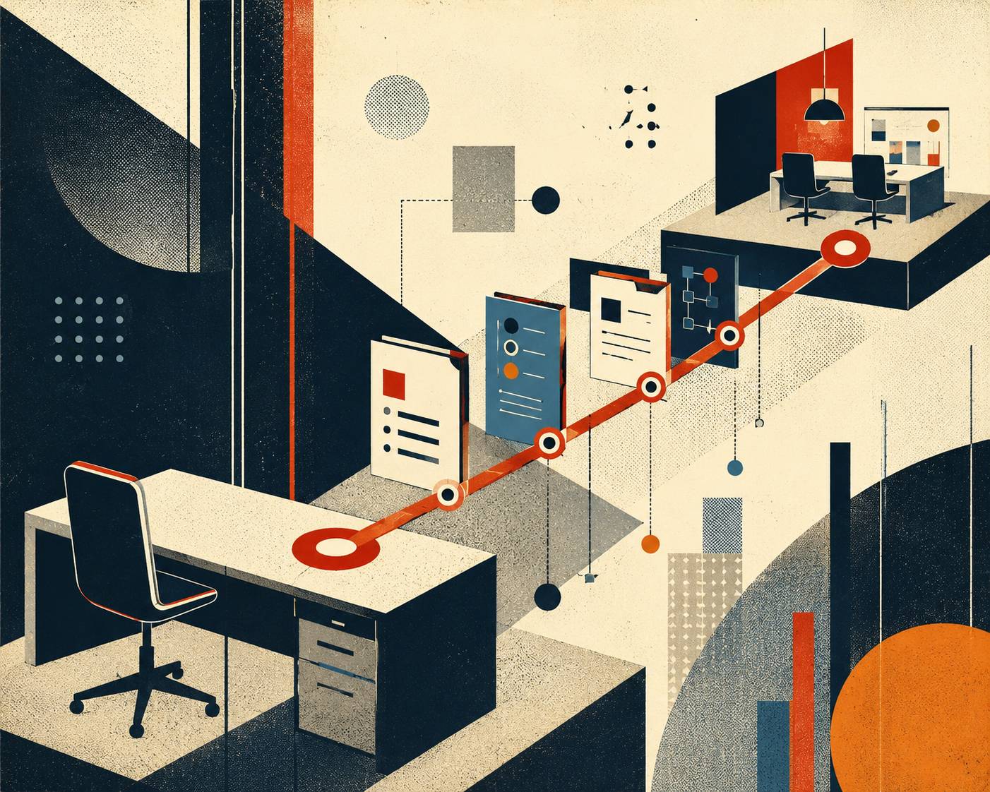 Abstract constructivist illustration of an empty workstation connected by a red handoff path to organized documents and a second work area, representing clear context sharing during a teammate’s absence.