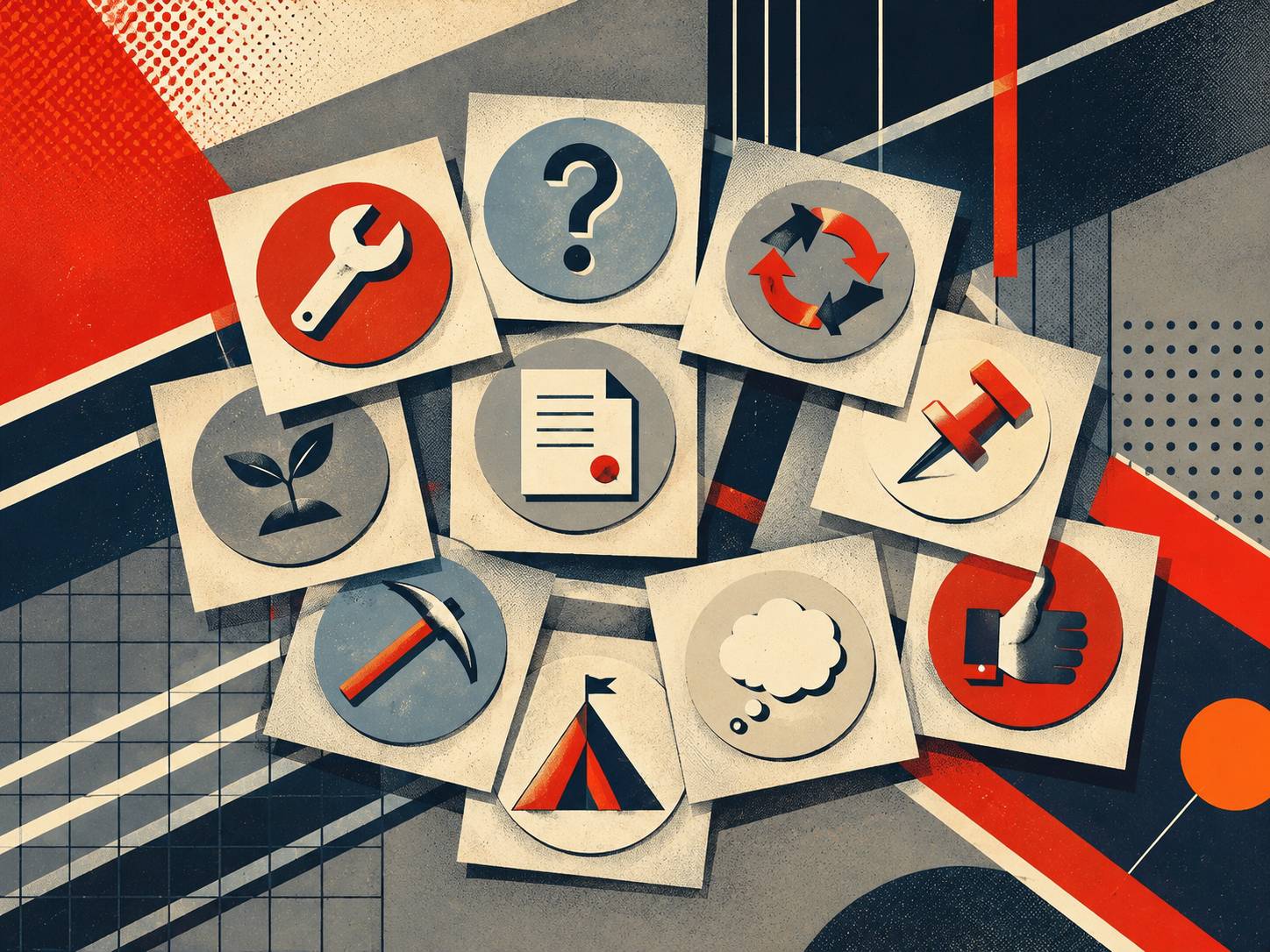 Abstract constructivist illustration of stacked code review comment cards, each marked with a different symbol such as a wrench, question mark, recycle arrows, seedling, memo, pushpin, pickaxe, tent, thought bubble, and thumbs up.