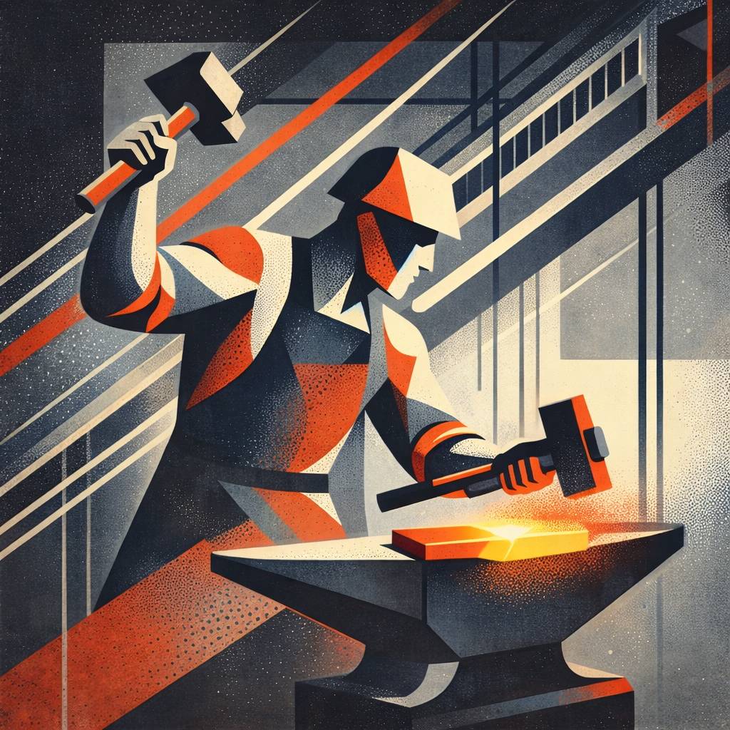 Abstract, constructivist-style illustration of a worker forging a tool at an anvil. Geometric shapes and bold lines suggest focused effort, heat, and precision as the tool is shaped through repeated hammer strikes.