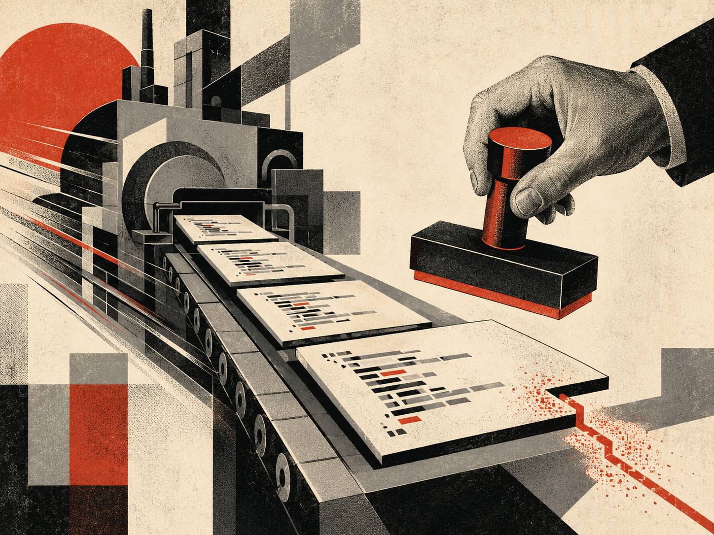 An industrial machine feeds code-like sheets down a conveyor while a human hand pauses with an approval stamp above a page containing a red security flaw.