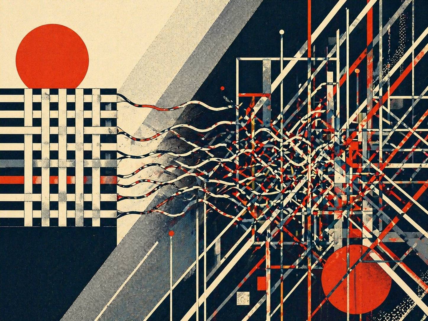 Abstract illustration of code complexity and scope creep, showing a simple system unraveling into over-engineered structure in a Bauhaus geometric style.