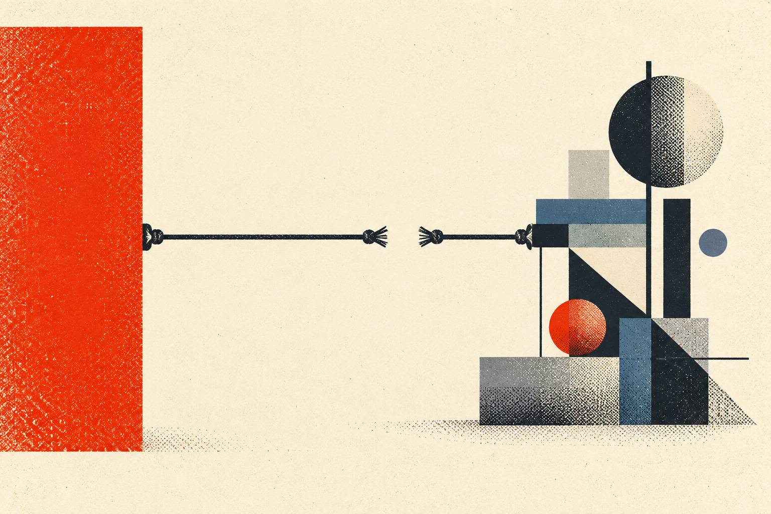 Constructivist illustration of a red shape connected to a cluster of geometric forms by a line that has been cleanly cut and tied off, representing how engineers can disconnect from work without leaving their team unsupported.