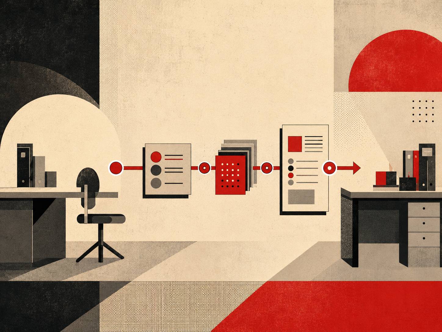 Abstract constructivist illustration of an empty workstation handing off work through connected documents and process steps to an organized desk on the other side.