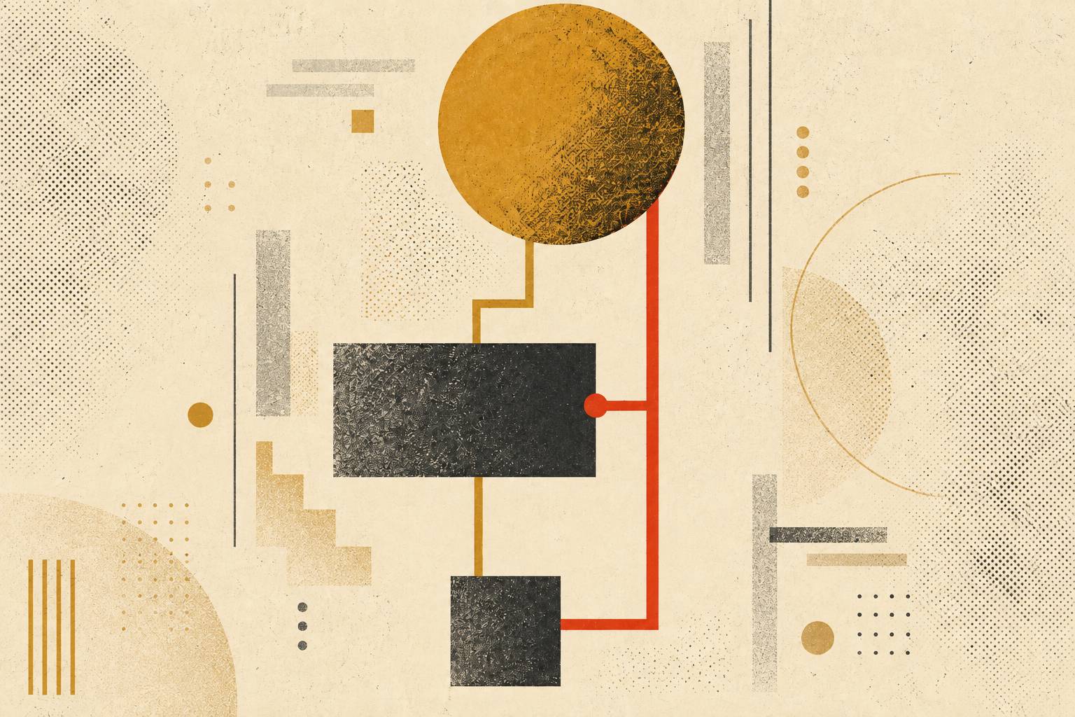 Constructivist illustration of three stacked geometric forms joined by a vermillion line that reaches the top while staying connected to the middle, representing a skip-level manager relationship built alongside your manager.