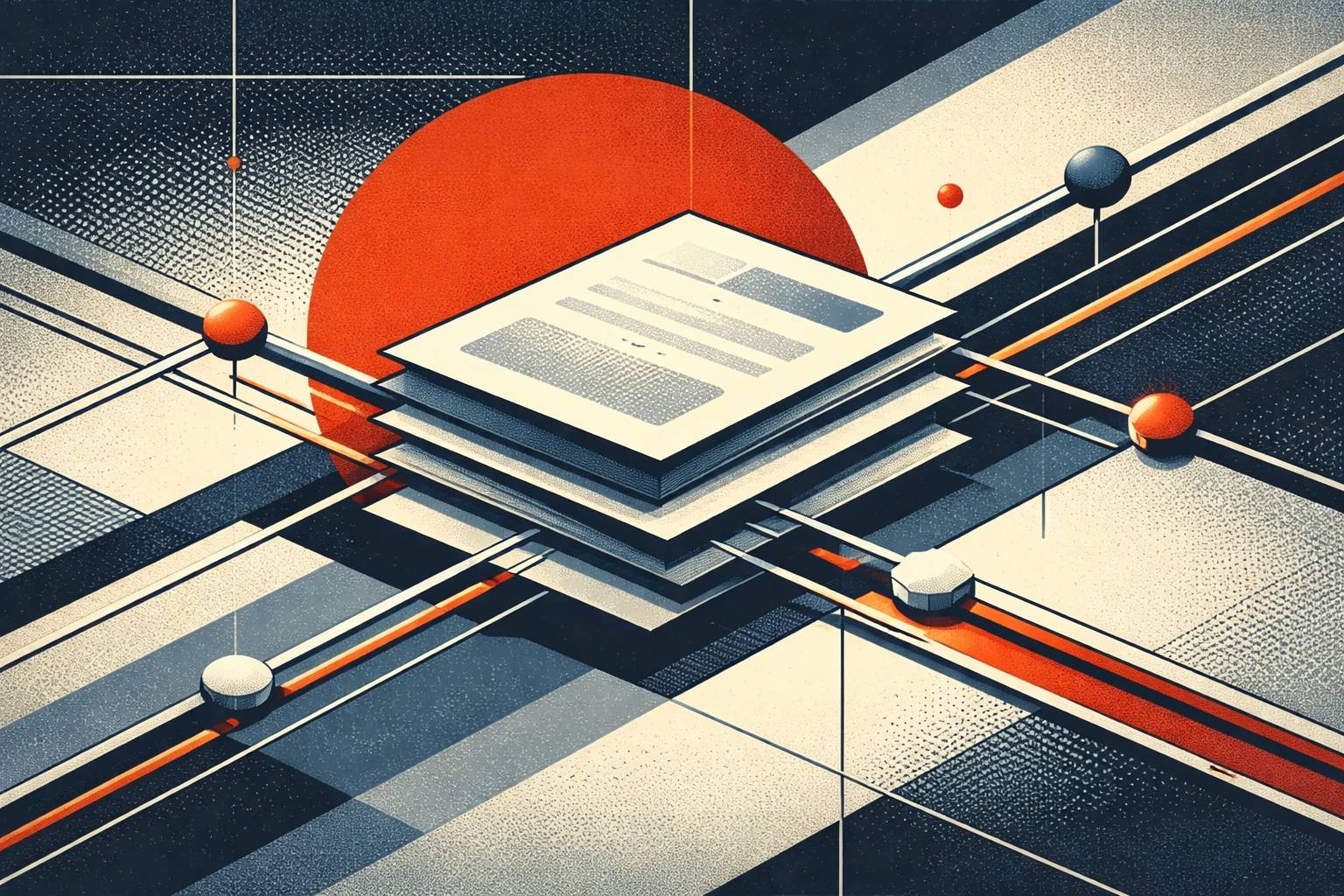 Abstract constructivist screenprint editorial illustration representing turning a one-time decision into a reusable artifact.