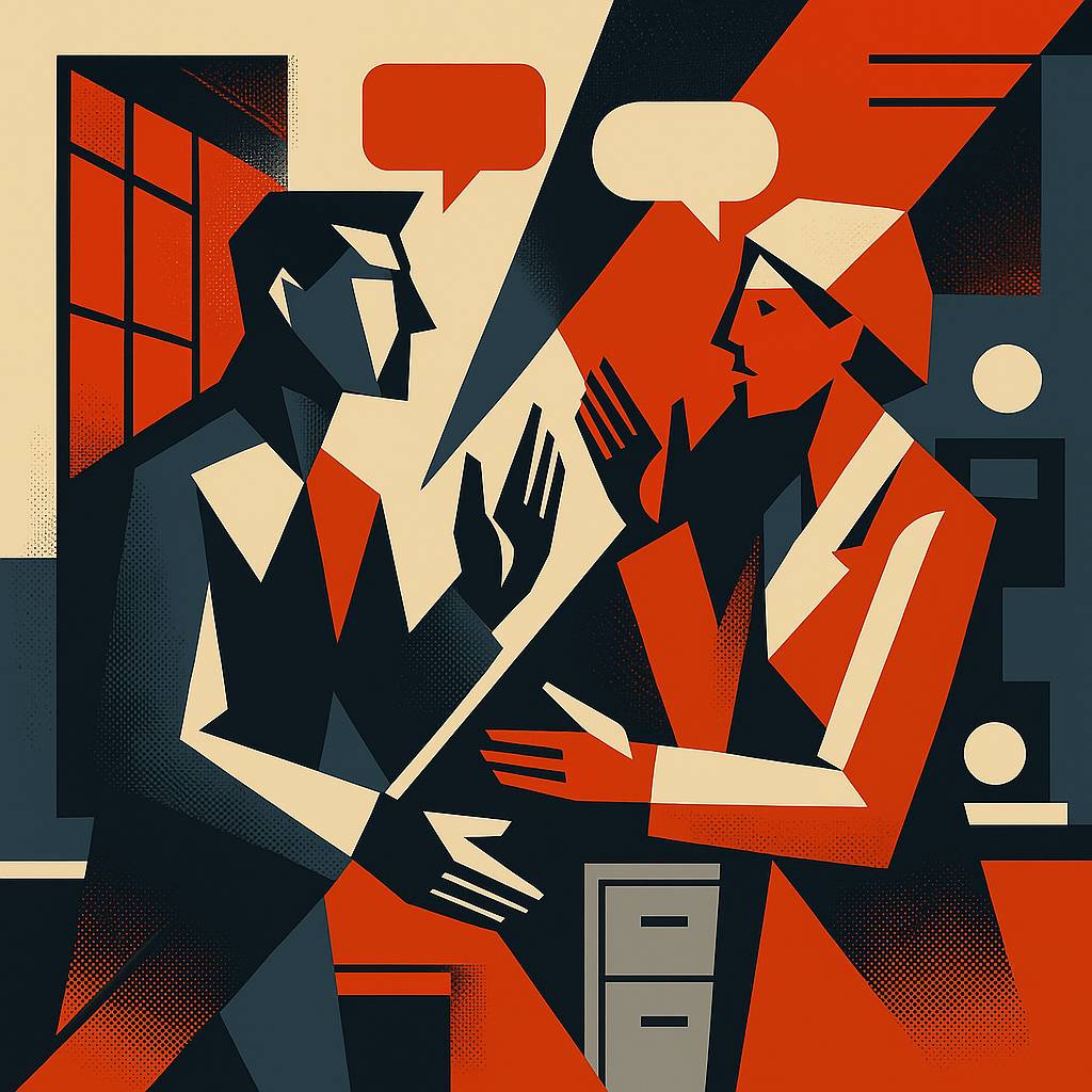 Two coworkers having a tense conversation