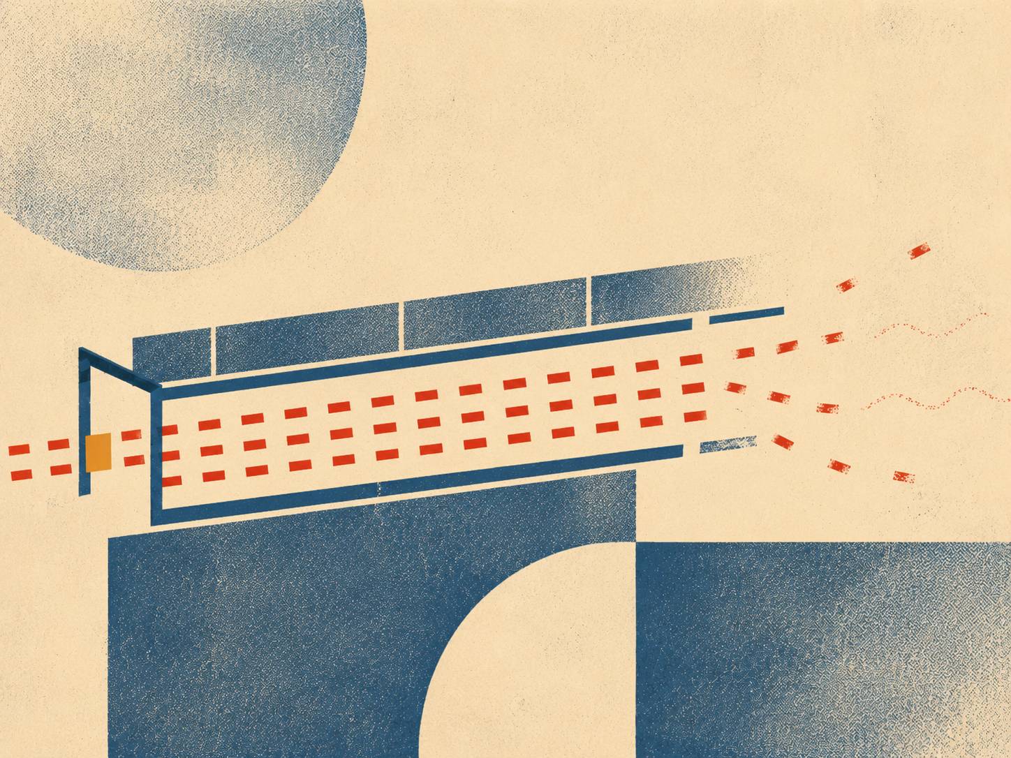  Constructivist illustration of a bold vermillion line traveling cleanly through a corridor of ordered geometric blocks before fraying into scattered threads where the structure ends, representing how a codebase either guides a coding agent or leaves it t