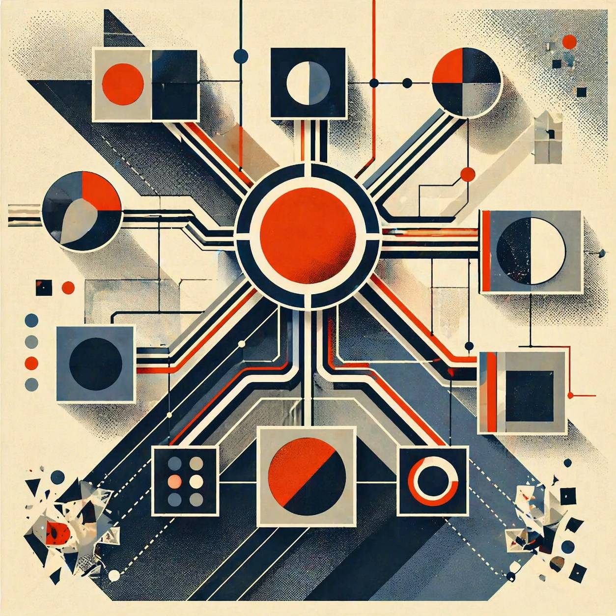 Abstract editorial illustration of source of truth and data relationships in software systems, with a central hub connected to dependent subsystems.