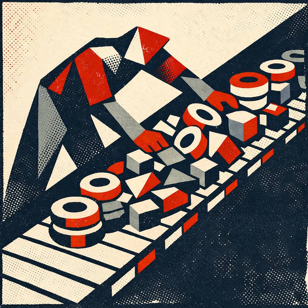 A commentary on industrial speed overwhelming human limits—standardized parts outpace a lone worker, whose sharp, compressed posture signals strain and dehumanization. The constructivist austerity underscores repetition, efficiency pressure, and the quiet