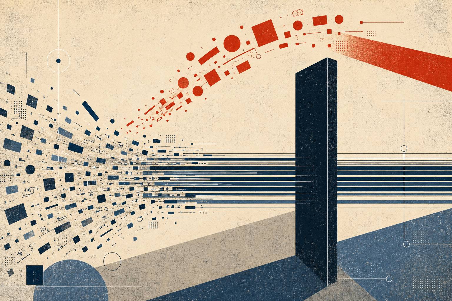 Constructivist illustration of ordered lines passing straight through a dark vertical plane while a separate group of larger forms arcs over it in a wide red curve and exits without ever touching it.
