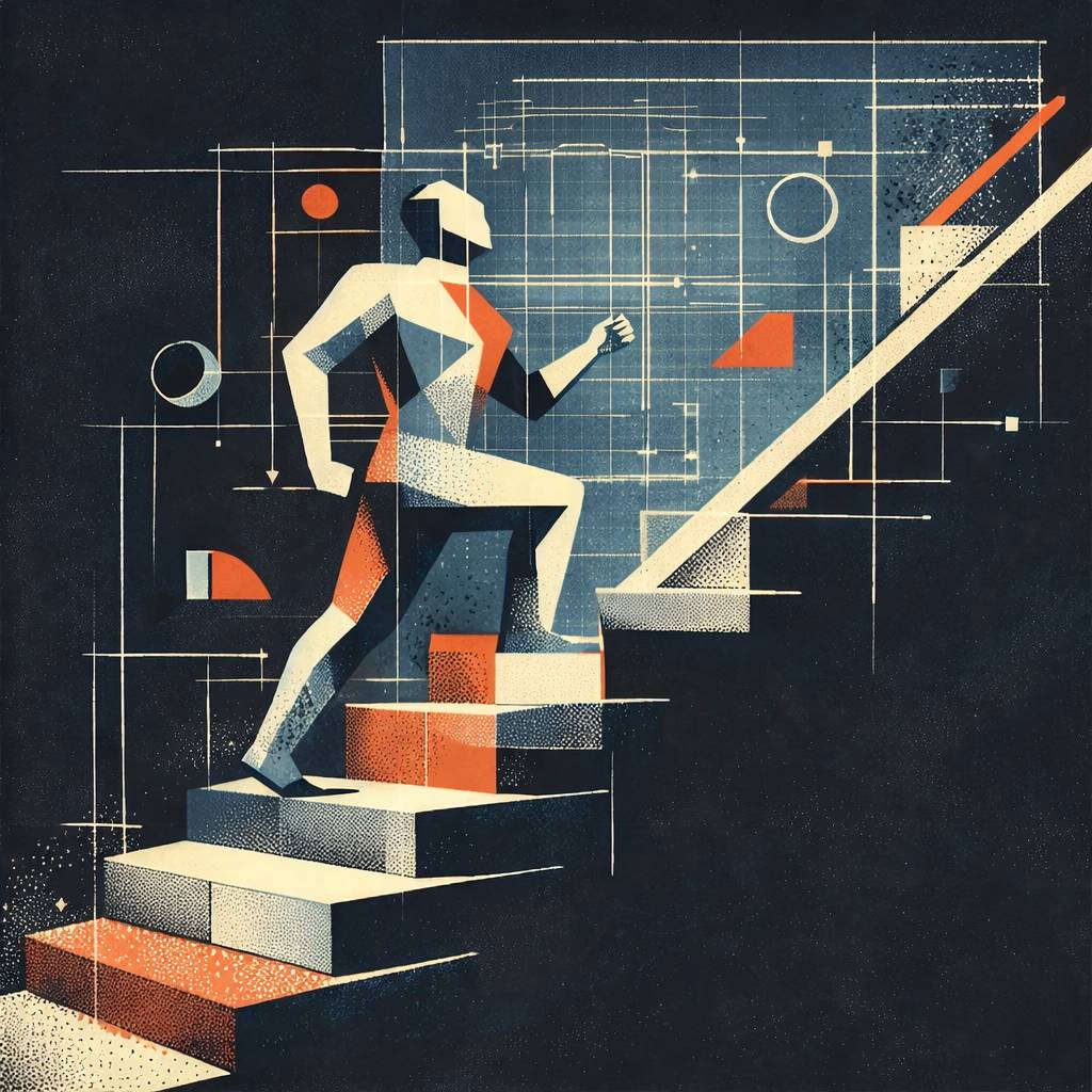 A geometric, faceless figure climbs a steep set of blocky steps while faint blueprint lines and grids overlay the scene, suggesting structured guidance and learning under pressure rather than a shortcut.