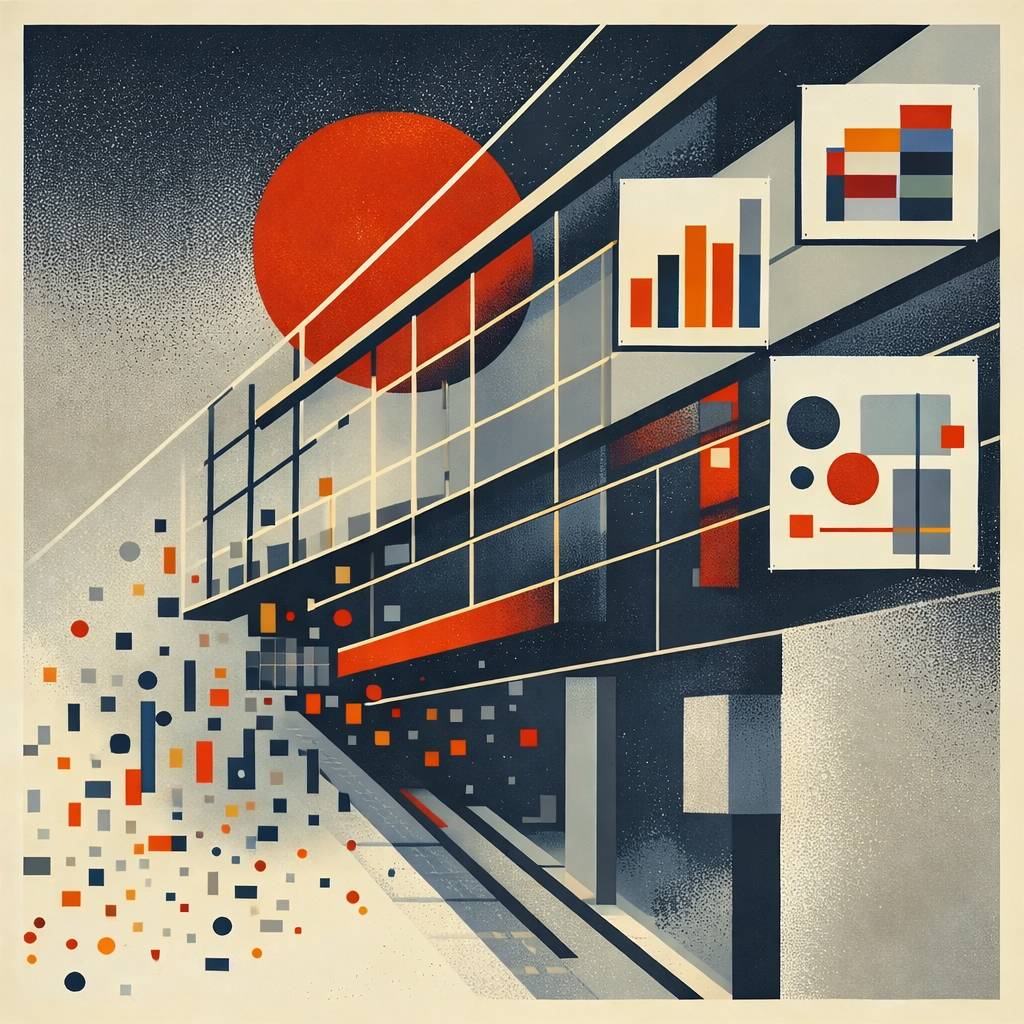 Constructivist illustration of fragmented data points organizing into structured charts, representing how engineers connect technical, product, and business metrics.