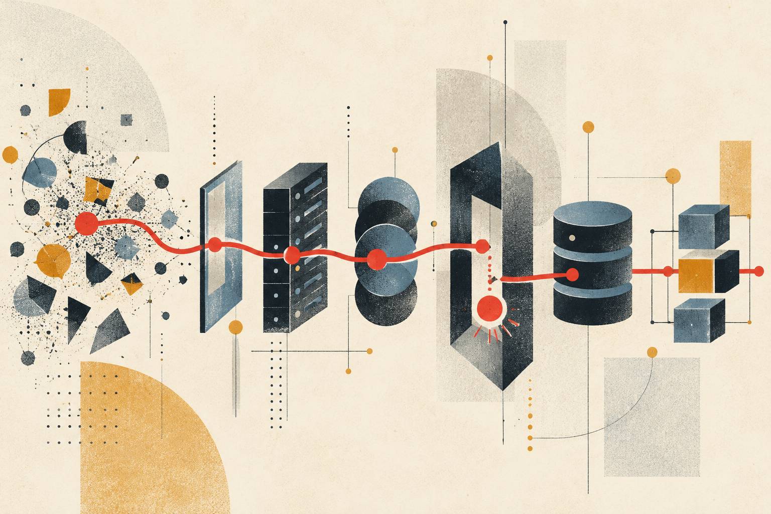 Abstract mid-century illustration of a red line tracing a path through interconnected software systems, with scattered geometric shapes representing incomplete information and a break in the line highlighting a potential point of failure during bug triage