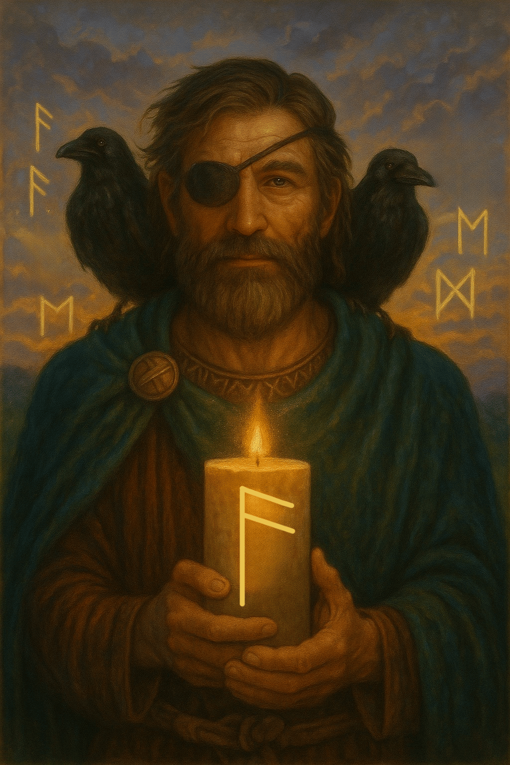 AI-generated painting of Odin holding a lit candle with a glowing rune carved into it, two ravens on his shoulders, rune symbols in a twilight sky.