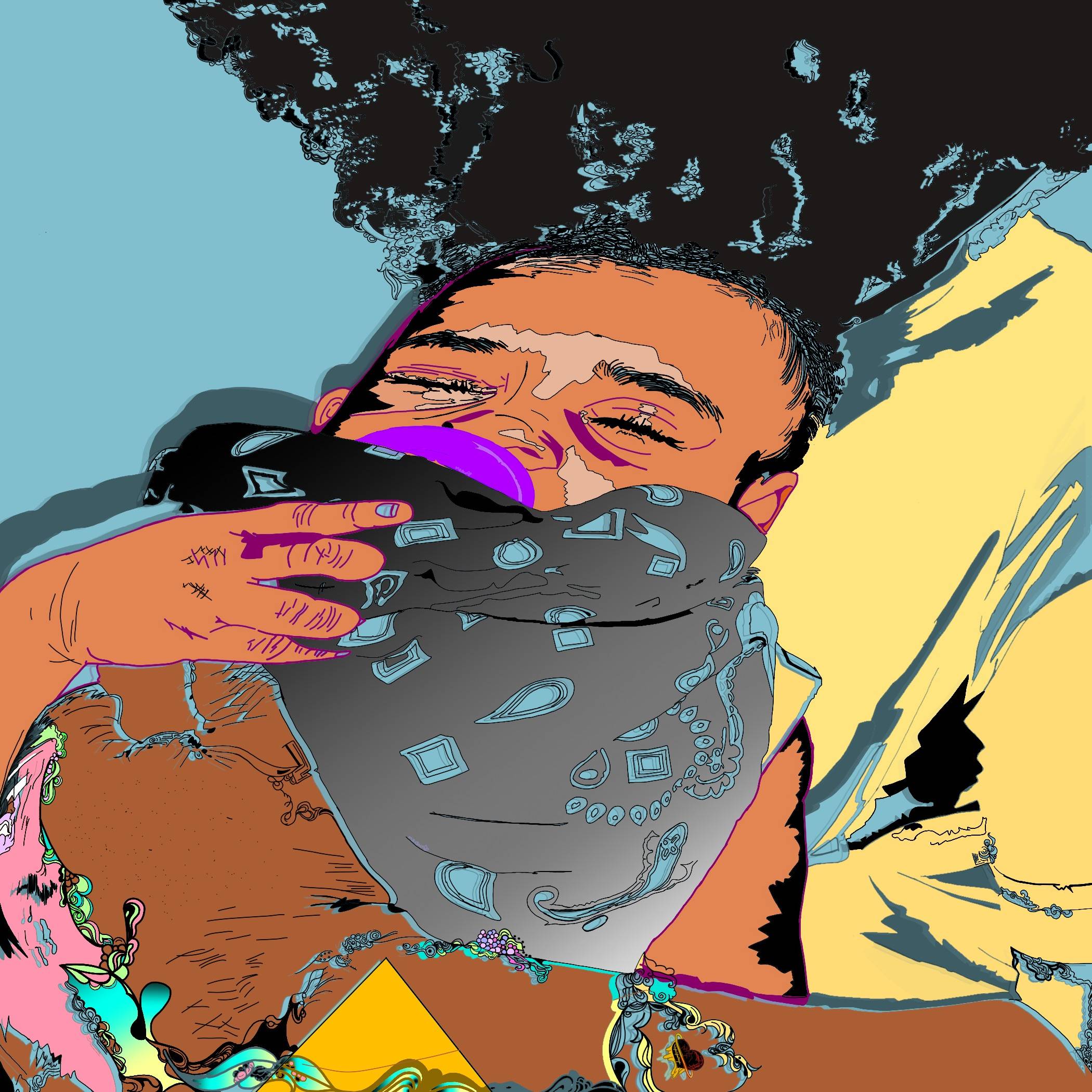 An abstract digital selfie of my husband (back) holding our infant daughter AhnLee (front) in 2022.