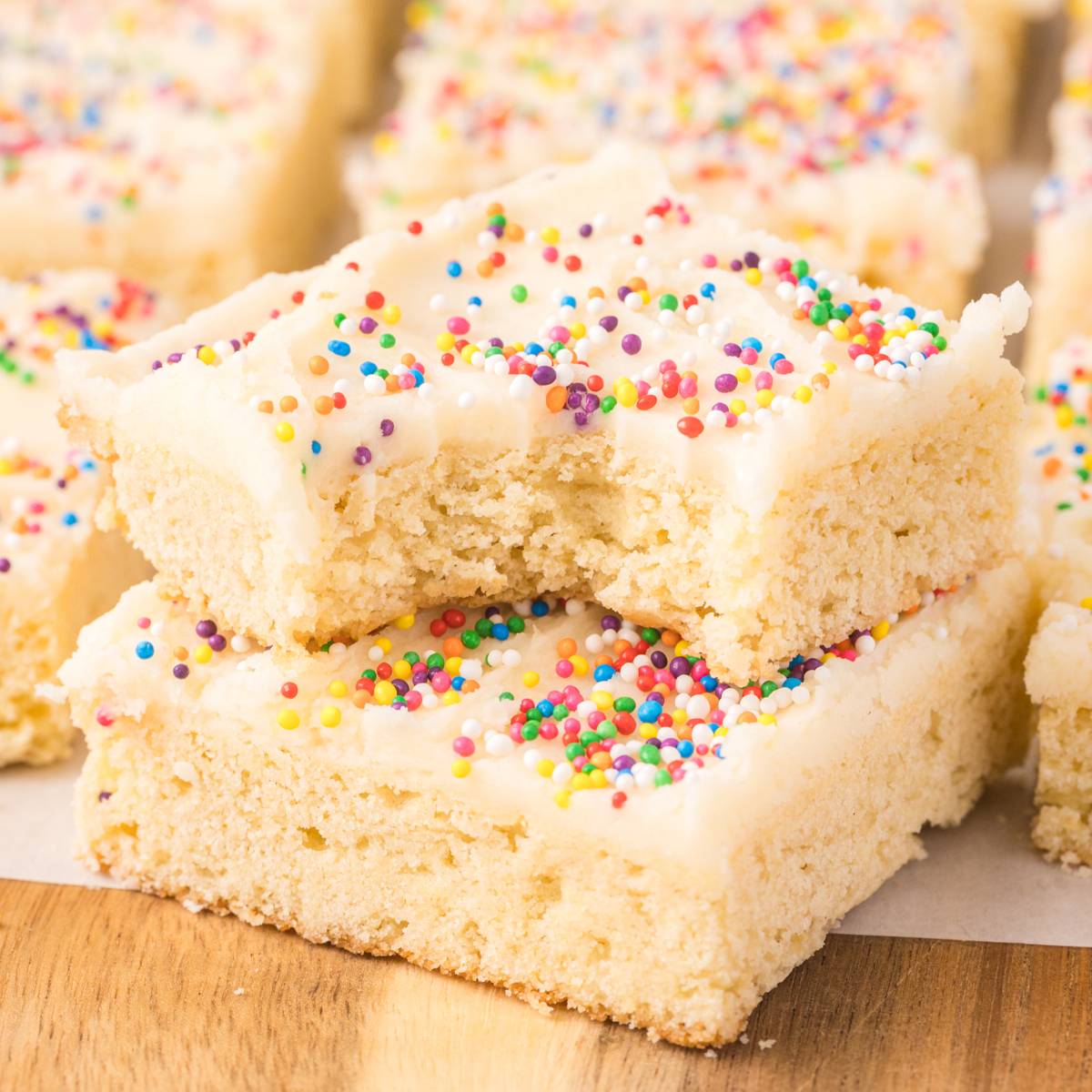 stack of two frosted sugar cookie bars