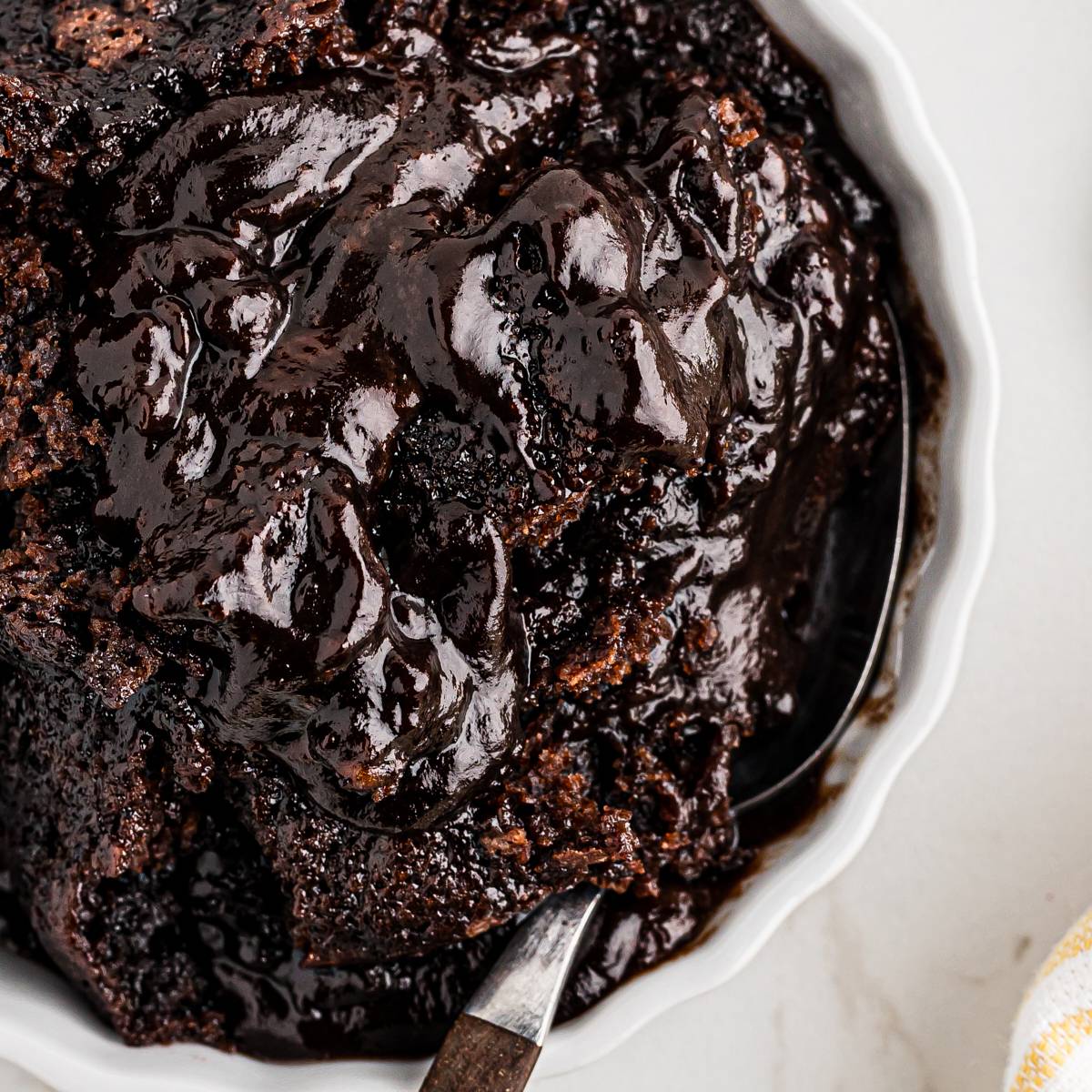overhead view of a serving of chocolate cobbler 