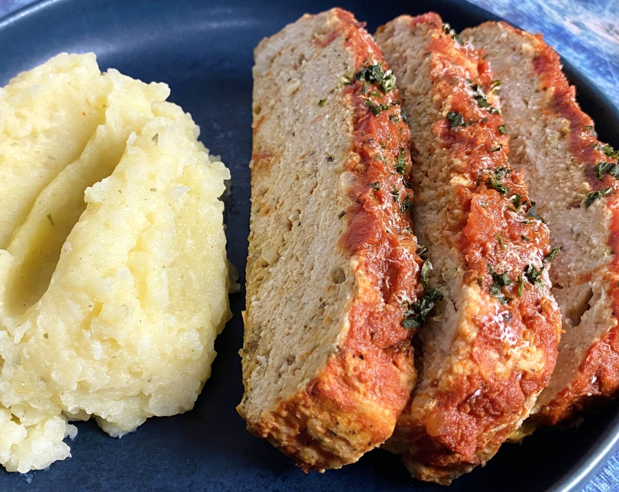 turkey meatloaf on wood platter 