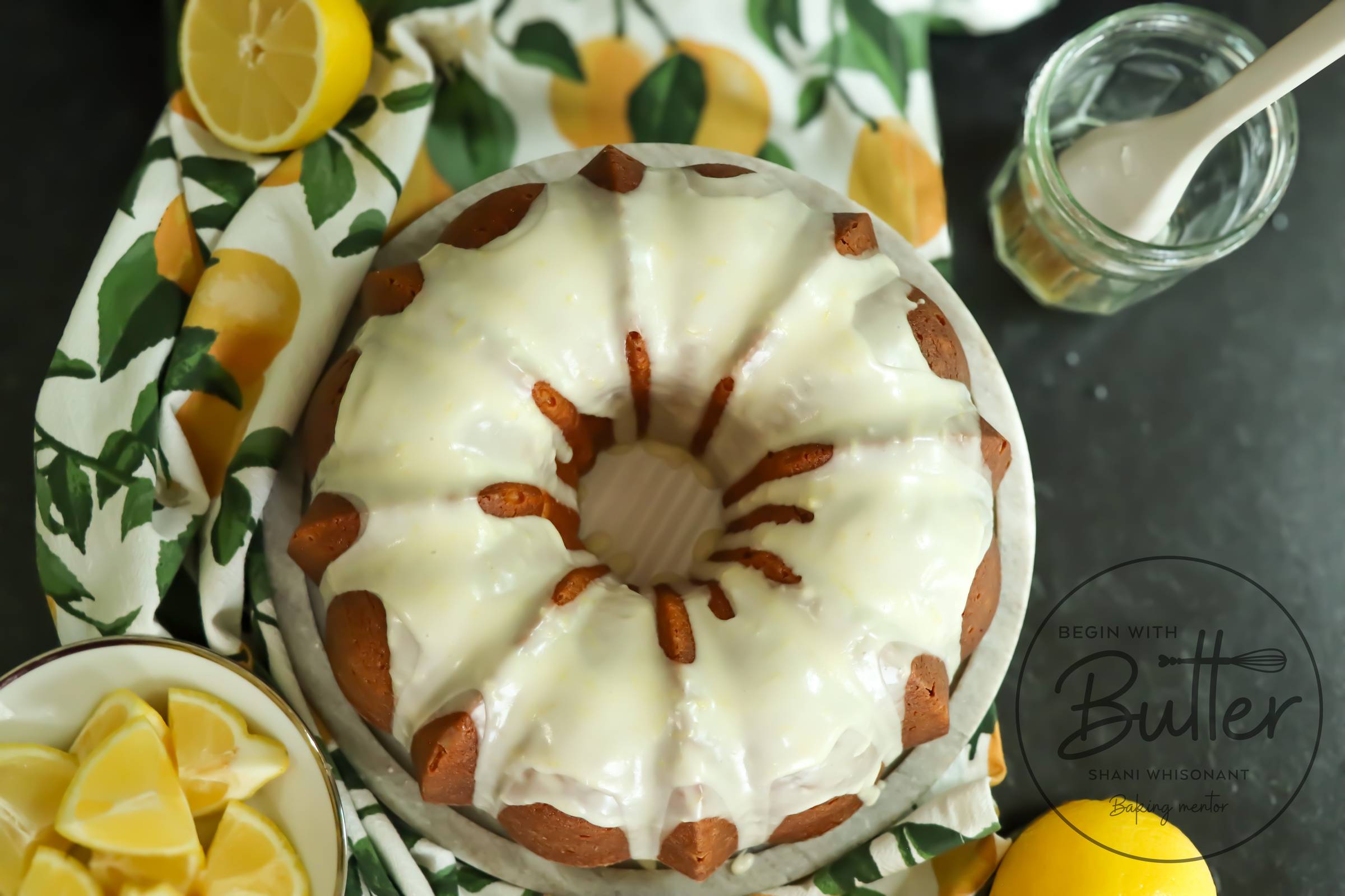 this is an overhead image of a lemon pound cake