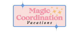 A rectangular logo with a pink background and a blue border featuring the text "Magic Coordination Vacations" in a stylized font. The words "Magic Coordination" are in a bold pink font, while "Vacations" is in a black cursive font. There are small star shapes near the top right corner, adding a whimsical touch.