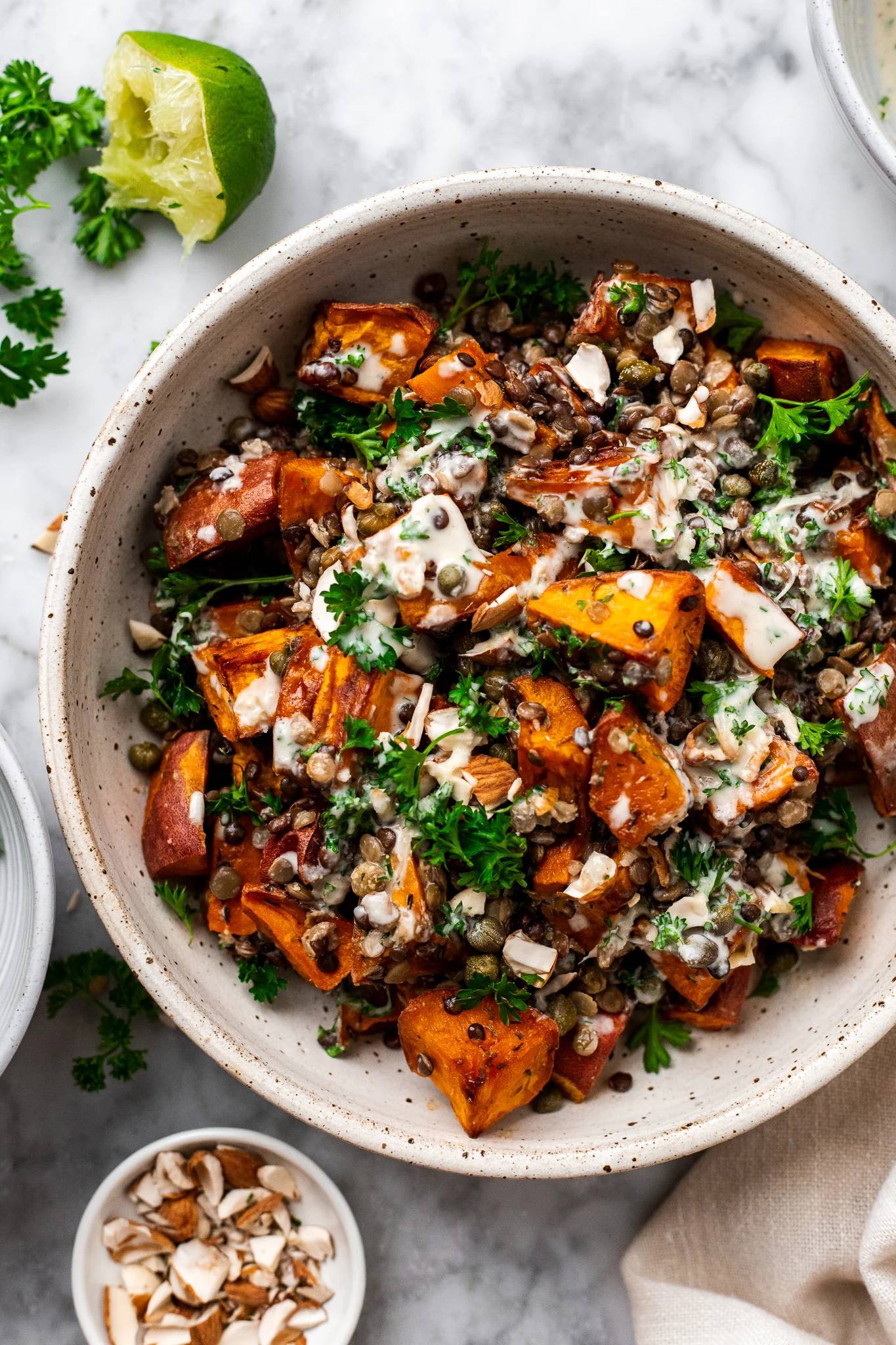 bowl of roasted sweet potatoes and lentils
