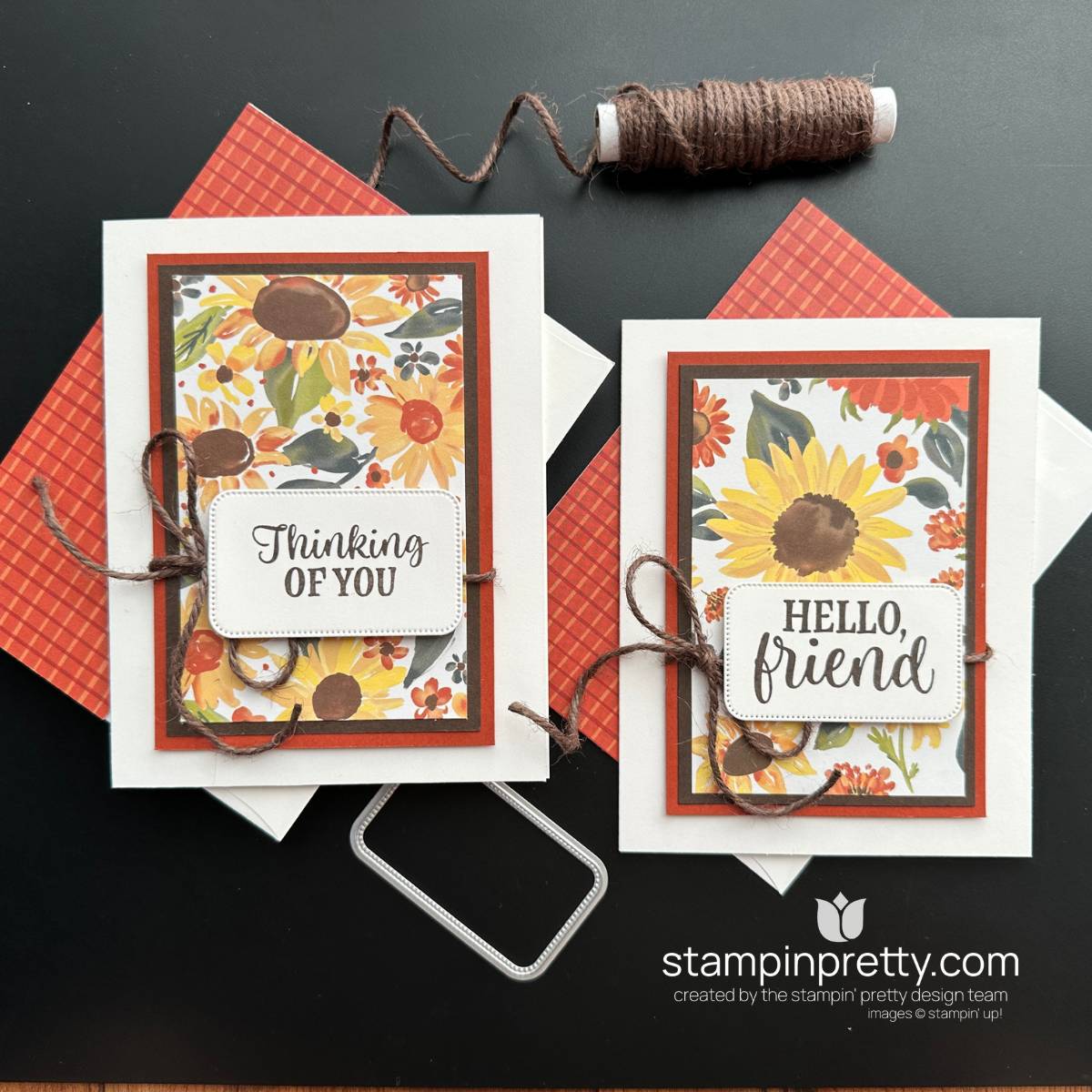 Two quick fall cards by Mary Fish featuring Sunflower Fields Designer Series Paper, Cajun Craze and Early Espresso layers, and twine bows.