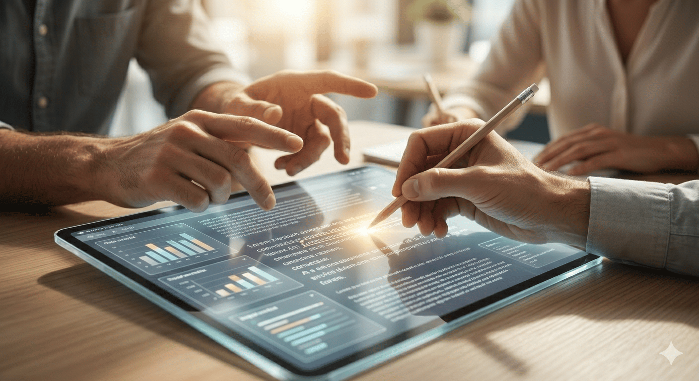Dos personas analizan juntas una estrategia de comunicación de marca en una tableta digital, representando la colaboración entre criterio humano y herramientas digitales para crear conexiones reales con el público.