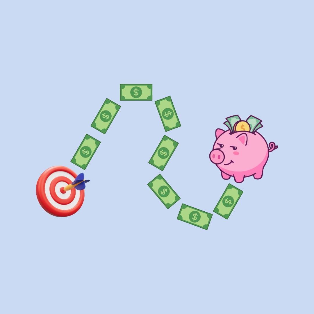 A target connected to a piggy bank by a line of dollar bills