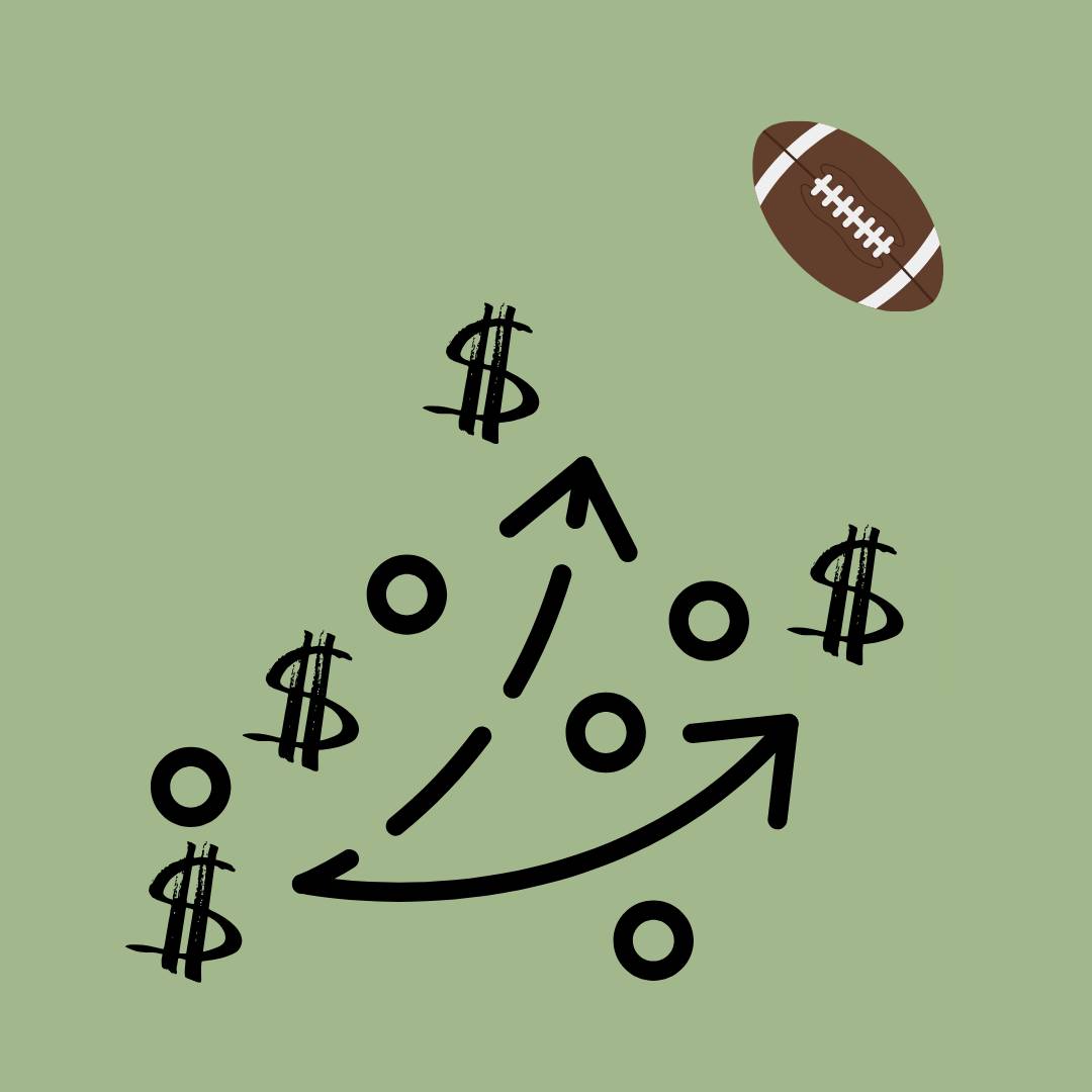 Black marker X and O football drawing with the Xs replaced by black dollar signs. Football in the top right corner. 