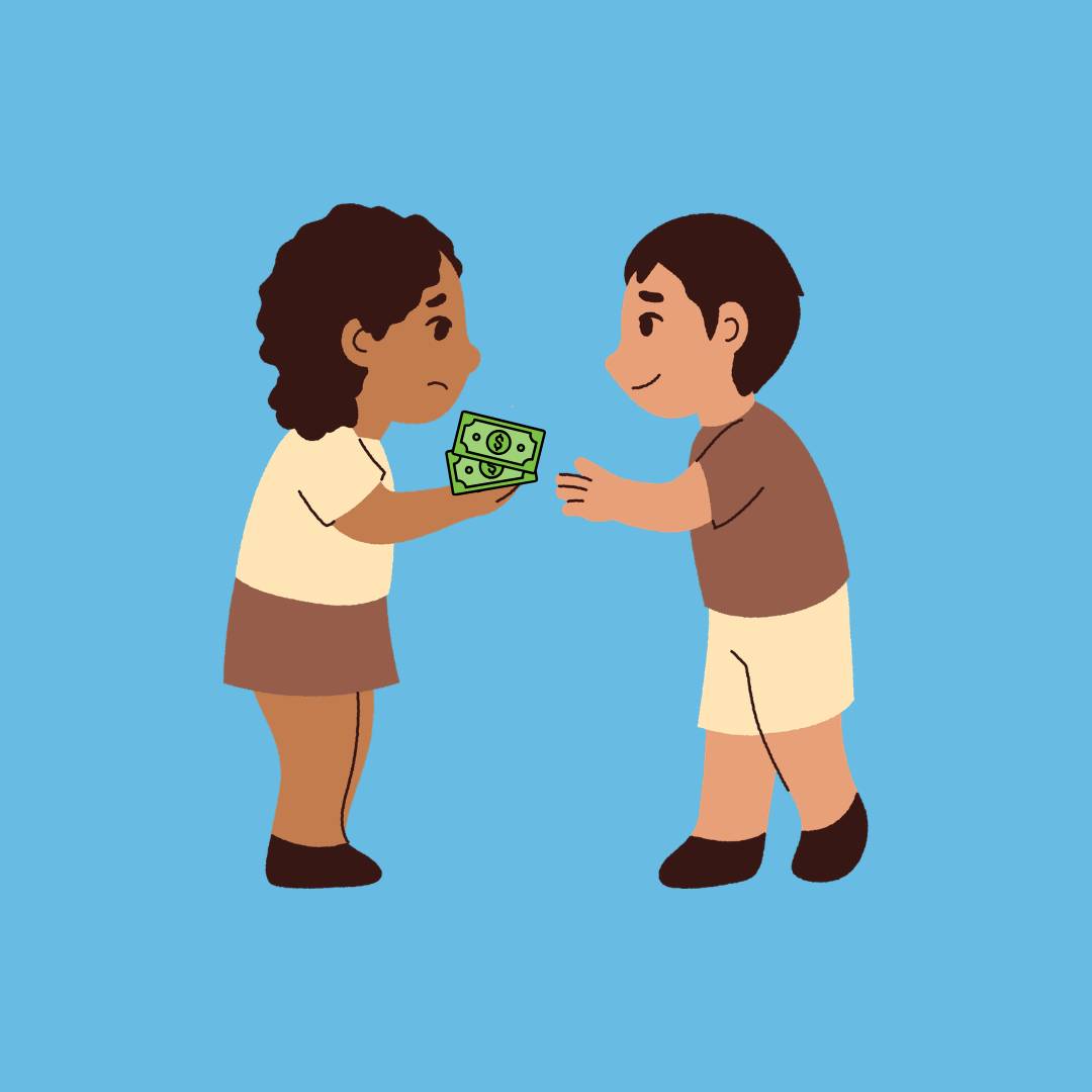 Girl and boy on a blue background facing each other and the girl is putting money in the boy's hand. 