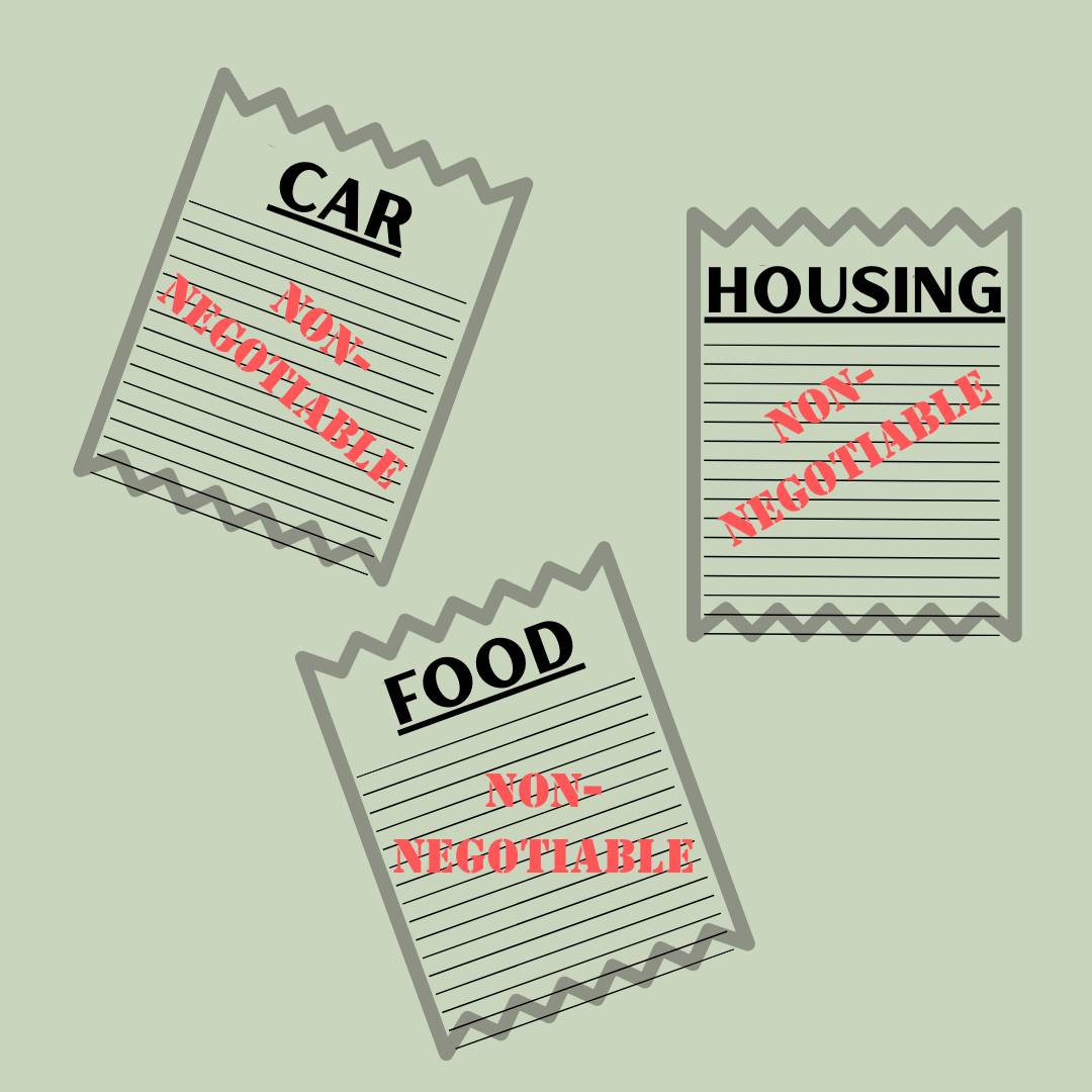 Three paper icons labeled car, housing, food and all have non-negotiable stamped across them in red ink. Background is pale green. 