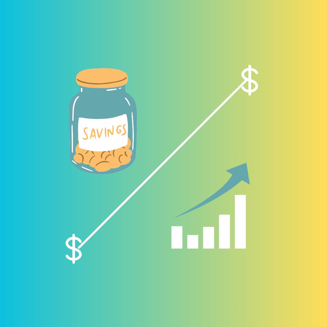 A jar labeled savings with coins inside and a bar graph with the bars going up. They're divided on a blue/yellow background by a white line. 