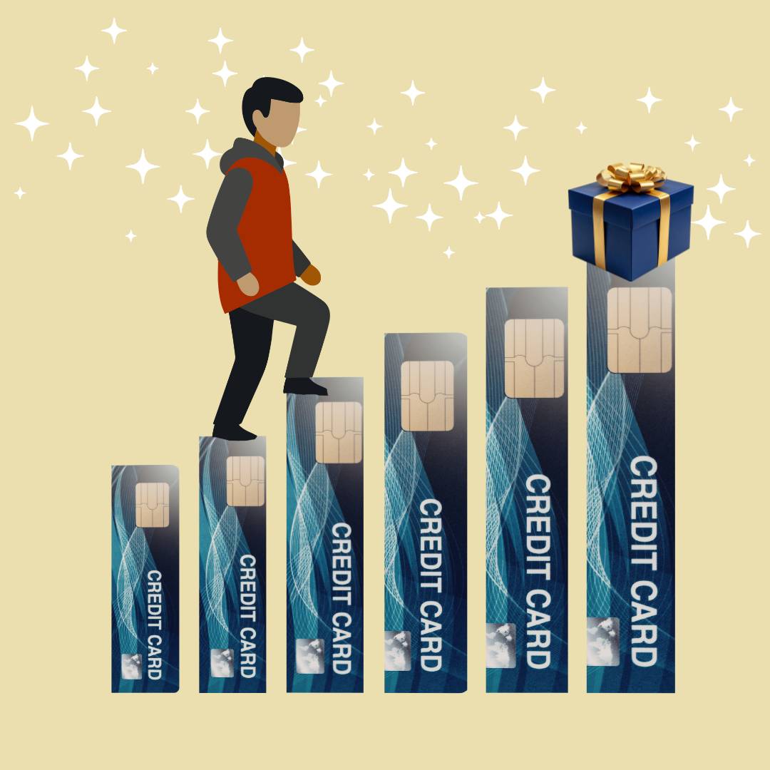 Man walking up stairs made from credit cards and at the top step is a gift 