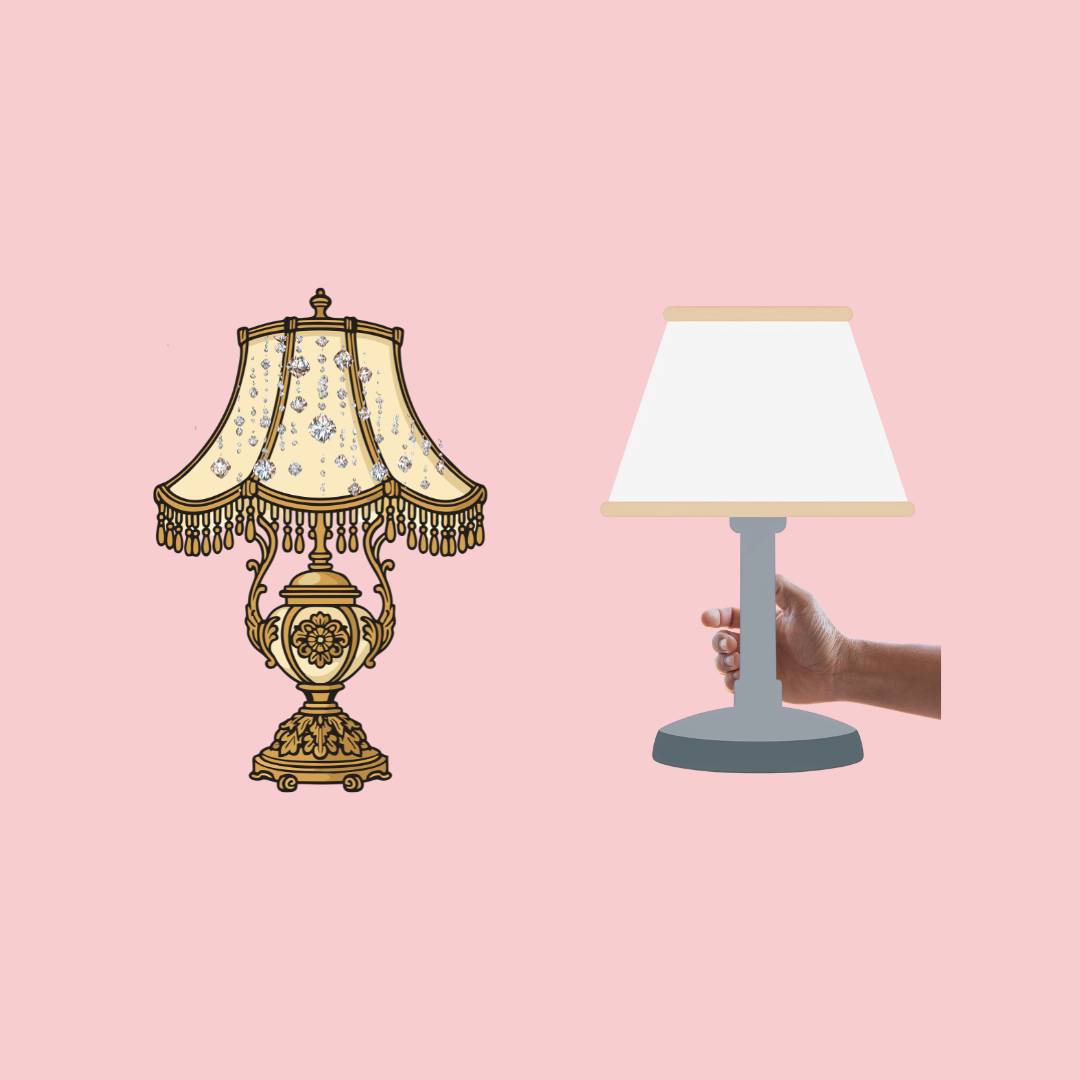 Tiffany style lamp and basic lamp with white lampshade on a pink background. Hand curled around white lamp. 