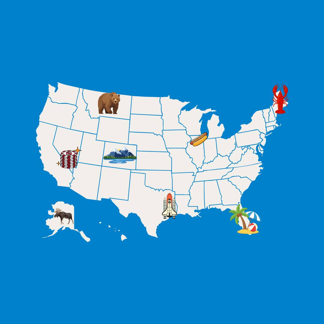 US map with states outline and icons that match popular tourists attractions: moose for Alaska, beach for Florida, lobster for Maine, Chicago style hotdog on Illinois, mountains for Colorado, grizzly bear for Montana, poker chips for Nevada, rocket for Te