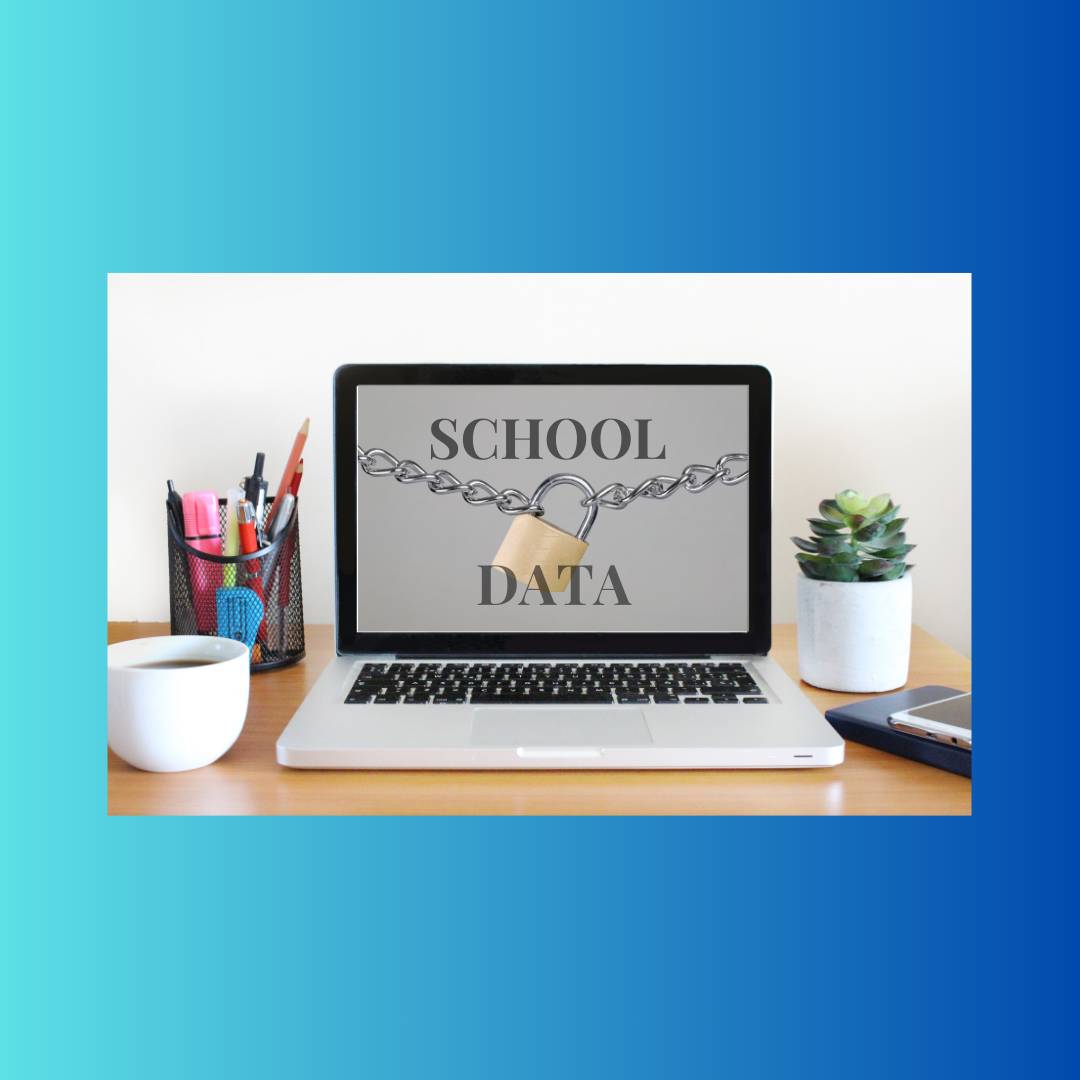 Open laptop with the words School Data on the screen with a chain and a lock. 