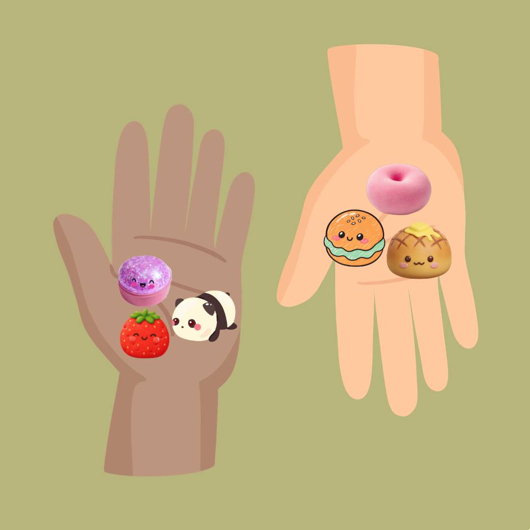 A brown hand and a peach hand, outstretched, with three squishies in each hand. 