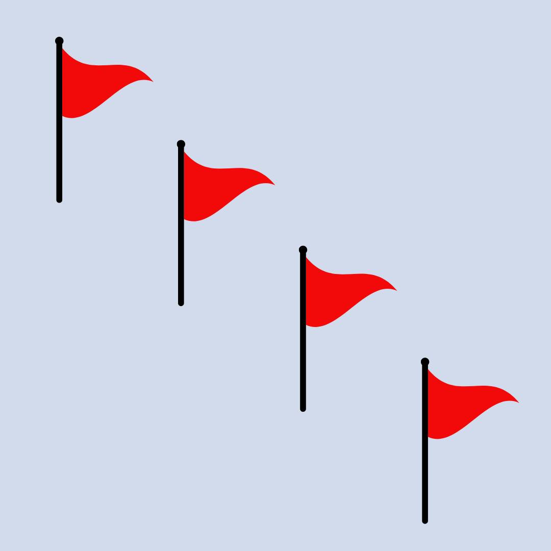 Four red flags in a diagonal line against a slate blue background