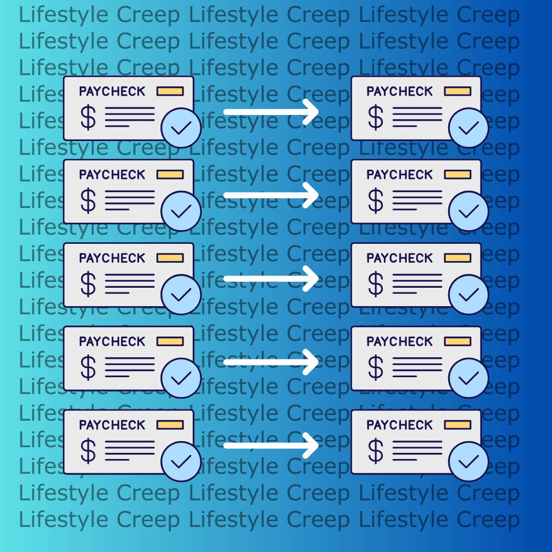 Two rows of paycheck images with and arrow between them to signal living paycheck to paycheck. Blue background. 