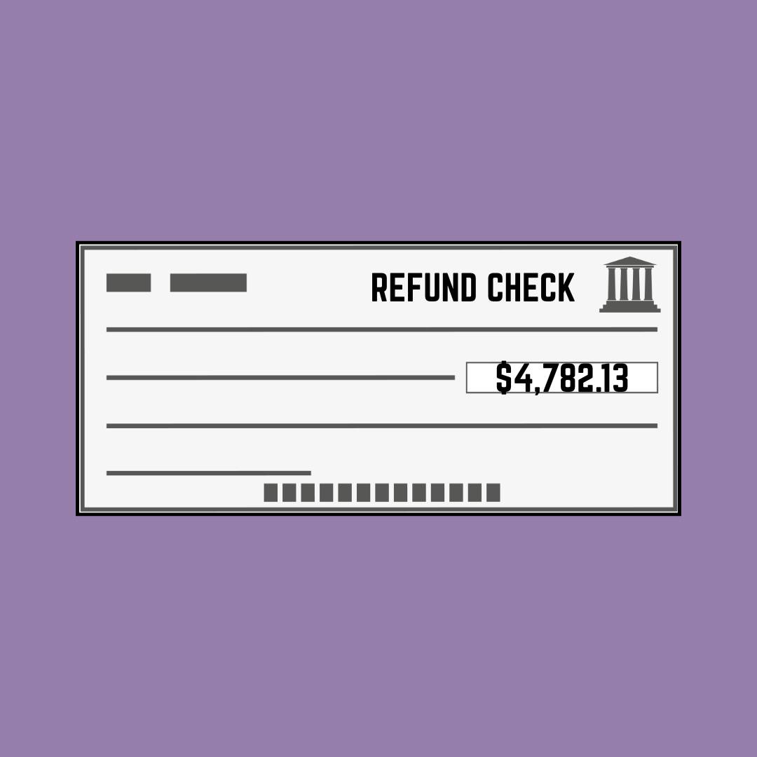 White refund check for $4,783.12 on a purple background
