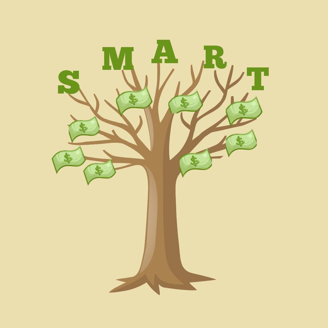 A tree with dollar bills for leaves and the letters S, M, A, R, T as leaves