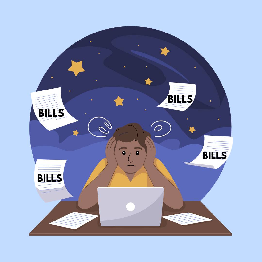 Man with laptop with pieces of paper labeled "bills" floating around him on a blue background