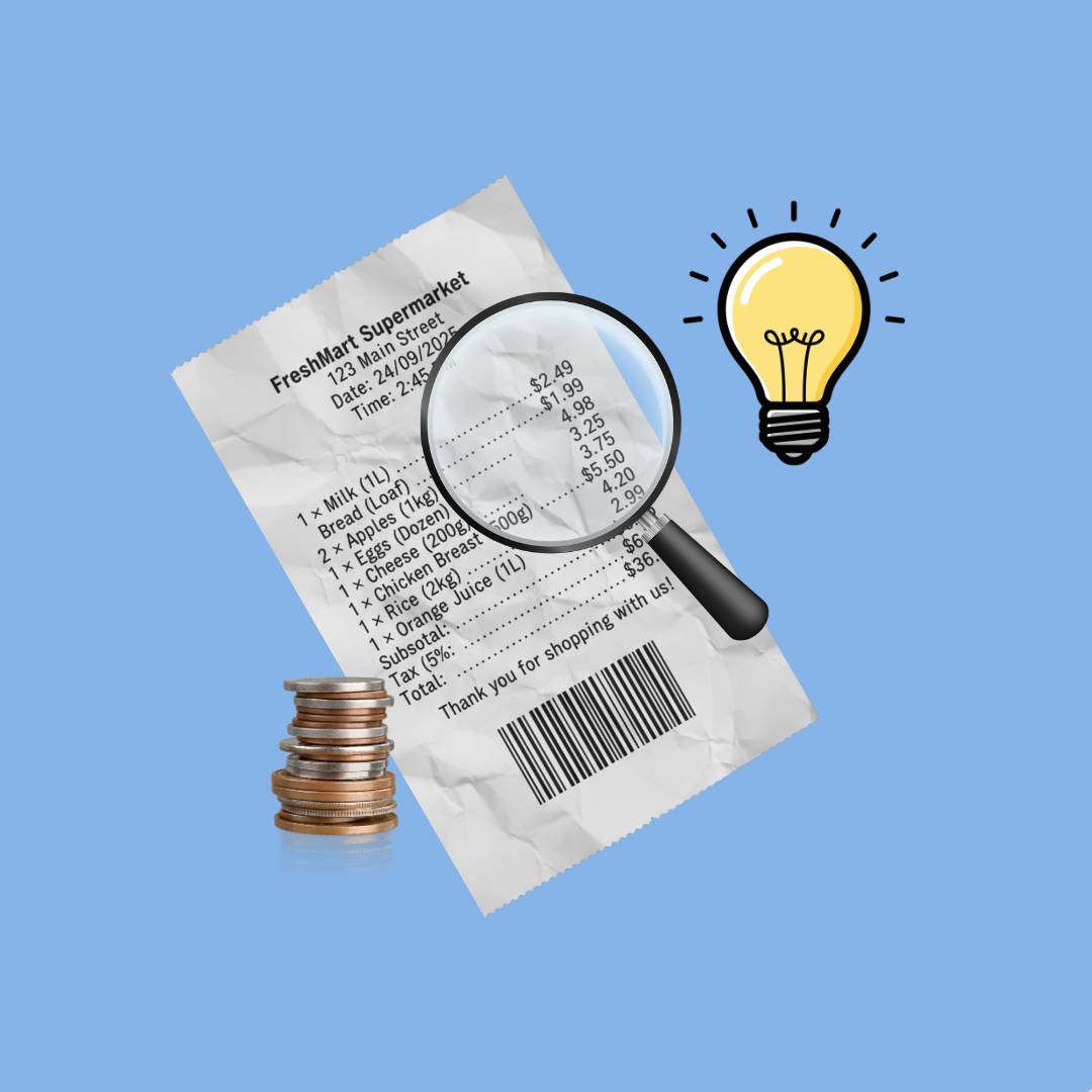 Grocery store receipt with magnifying glass over it with a stack of coins on one side and a light bulb above it. 