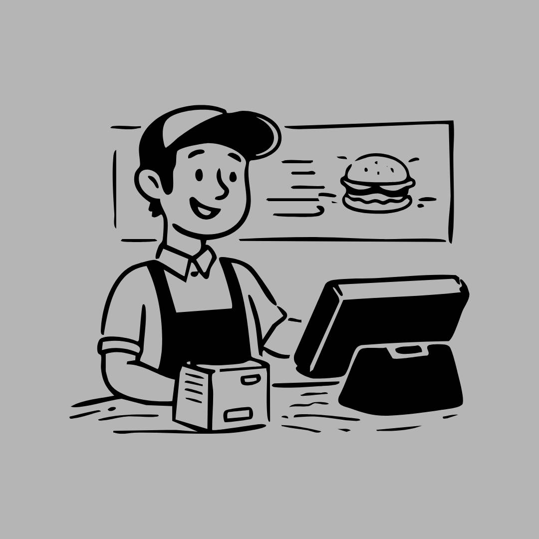 black and white drawing of a teenage boy working in a fast food restaurant