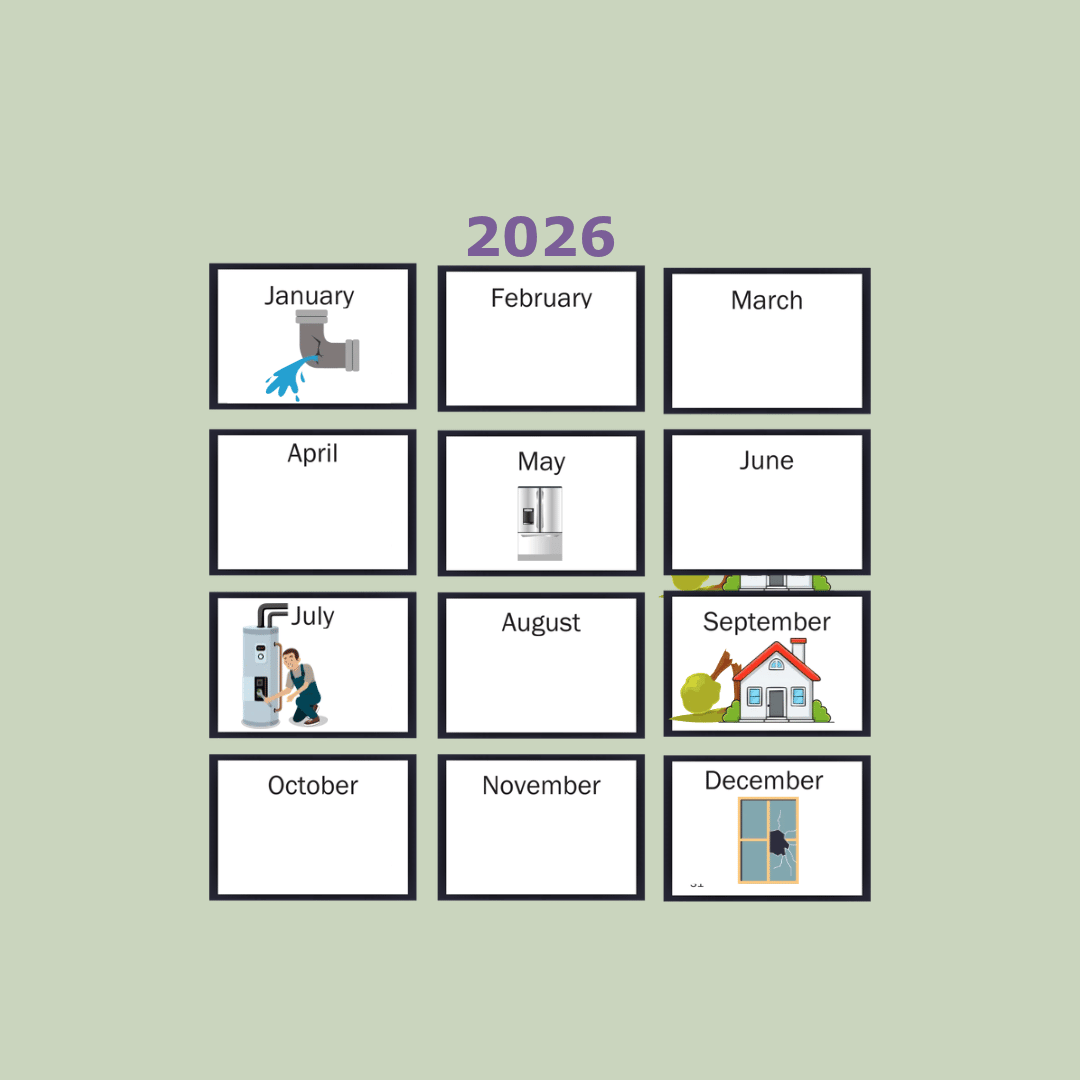 A calendar with icons representing different home repairs/expenses in some of the squares. 