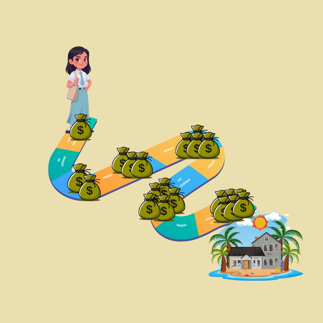 Teen girl standing on first square of path to a nice house. There are clusters of money every other square or so on the path.