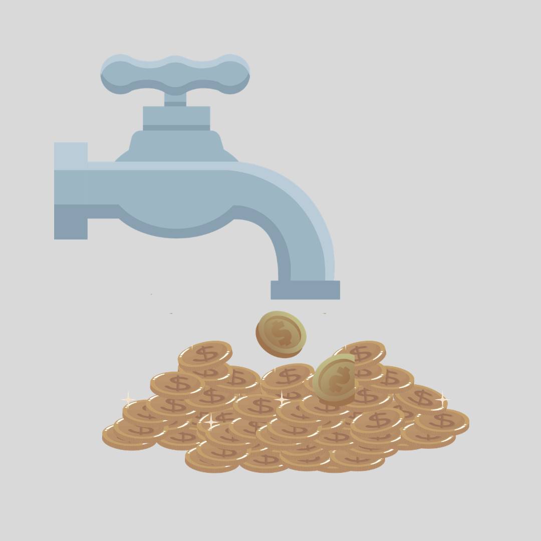 Blue gray water spigot dripping gold coins